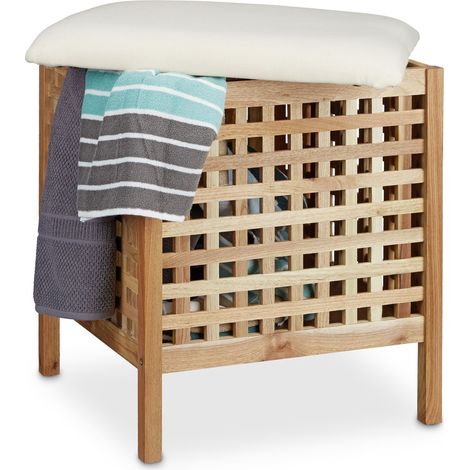 Relaxdays Walnut Storage Seat with Hamper, 52 x 49 x 49 cm, Bathroom Ottoman with Cushion and 52 L Hamper, Footstool Ottoman Seat Chair with Storage Room, of Sturdy Walnut Wood, Light Brown & White (1/5)