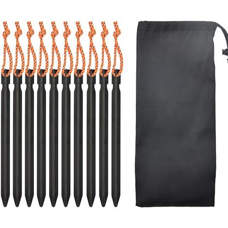Set di 10 picchetti per tenda, ancoraggi a terra, picchetti per tenda, chiodi per tenda, 18 cm, chiodi esagonali in alluminio nero, picchetti da sabbia, set con coulisse e borsa per campeggio, W (1/5)