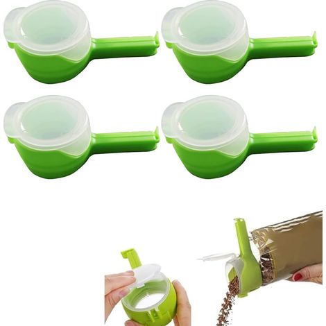 Quattro clip riutilizzabili per sigillare sacchetti per alimenti con beccuccio versatore, adatte a cucine, case e uffici (verdi). (1/3)