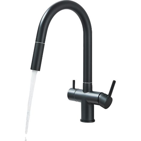 Robinet de cuisine à eau purifiée, à deux poignées, monté sur plan de travail, vanne en céramique, Noir Mat (1/2)