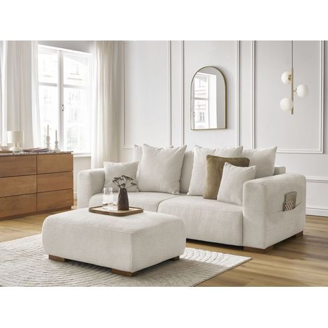 BOBOCHIC - Canapé droit fixe 3 places SIDONIE tissu chiné avec pouf Beige (1/5)