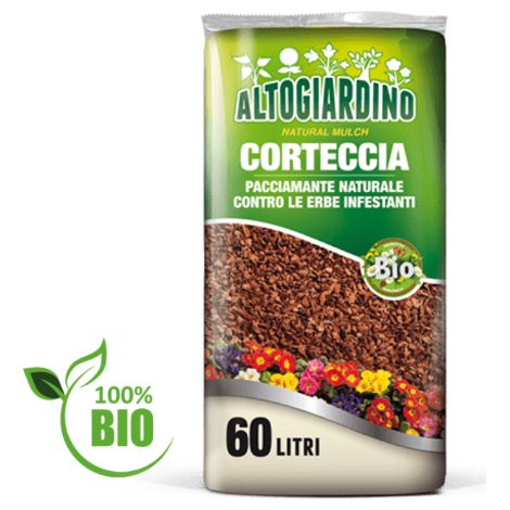 Corteccia di pino nazionale vagliato per pacciamatura sacco da 60 litri prodotto biologico naturale di origine esclusivamente vegetale
