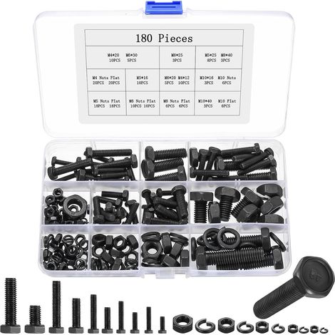 Lot de 180 vis à tête hexagonale M4 M5 M6 M8 M10 Noir Assortiment de vis cylindriques avec écrous (1/5)