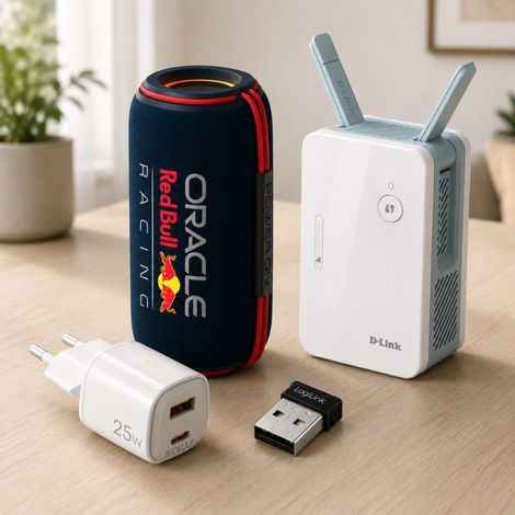 Set di tecnologia wireless (4 pezzi) – Adattatore Bluetooth, caricabatterie GaN, ripetitore WiFi 6 e altoparlante da 30 W (1/5)