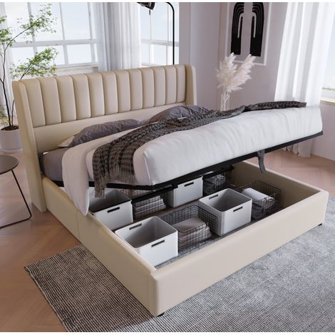 Letto contenitore moderno in lino beige 180x200 cm con testiera imbottita e rete a doghe sollevabile