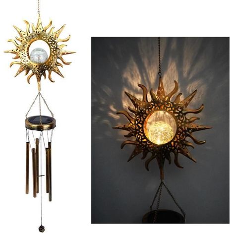 1 carillon éolien solaire, fer forgé avec LED blanc chaud, panneau solaire 50x50 cm, idéal jardin extérieur