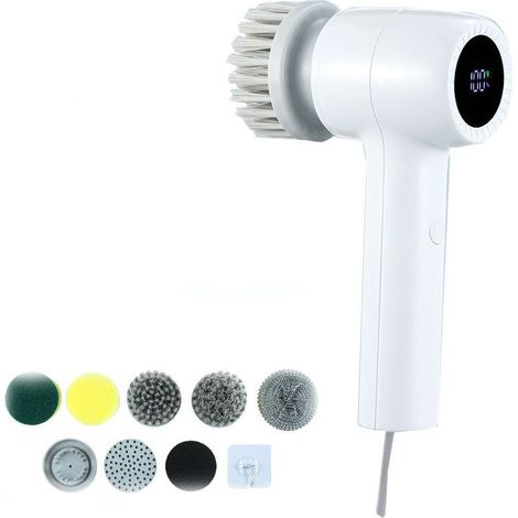 Brosse à récurer électrique sans fil, portable et multifonctionnel pour salle de bain, cuisine, brosse de nettoyage à main, outils de nettoyage pour baignoire, fenêtre, vaisselle, tapis, douche,blanc (1/4)
