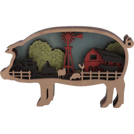 Ornement animal en bois, sculpture sur bois multicouche, découpes artisanales pour décoration murale, cochon avec lampe à piles (1/5)