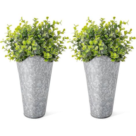 Lot de 2 jardinières murales en métal galvanisé avec eucalyptus artificiel, style champêtre, pour une décoration murale rustique. (1/5)