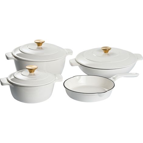 Batería de cocina de 7 piezas de hierro fundido apto para el horno compatible con todo tipo de placas cocina blanco crema Ferrano