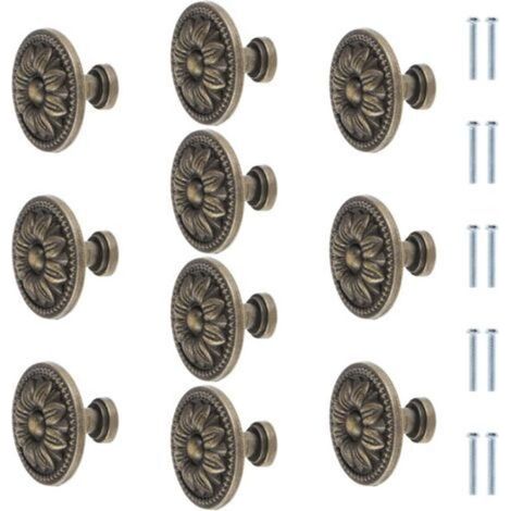 Lot de 10 boutons de meuble ronds en bronze antique avec fleurs - 35 mm - Vintage - Pour tiroir de placard de cuisine - Poignée de tiroir en bronze