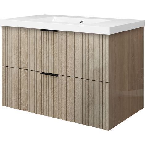 OCEAN Meuble salle de Bain Suspendu Chêne Haute Brillance - Design Moderne à 2 Tiroirs et Vasque, 79cm