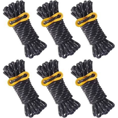 6 Pièces Corde de Tente Réfléchissante Corde Tente Camping 4 m X 5 mm Corde de Tente Noire avec Tendeur Réglable pour Les Tentes d'auvent de Camping en Plein Air