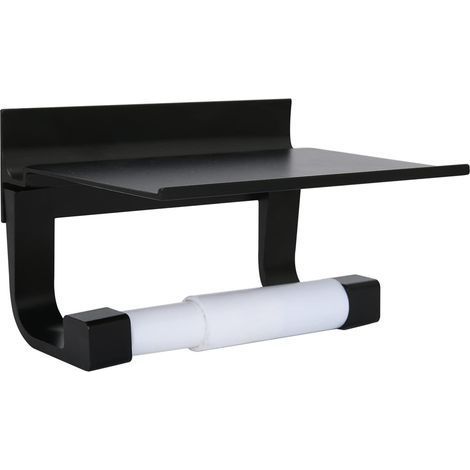 Porte-rouleau de Papier Toilette avec Etagère Aluminyo Mural, Colle Adhésive et Vis de Forage pour Salle de Bains(Noir) (1/5)