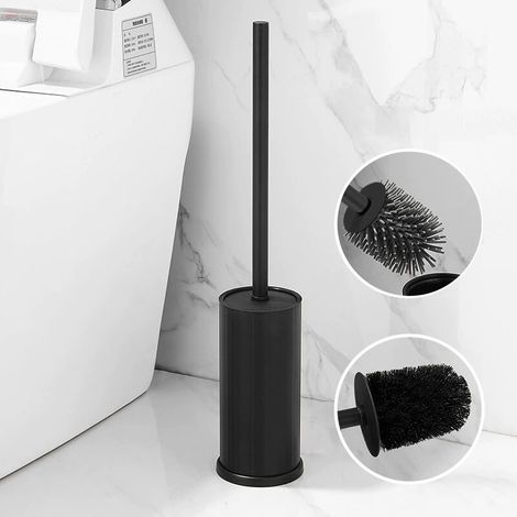 304 Stainless Steel Toilet Brush with Holder Long Bucket Stand Round Loo Brush for Bathroom (Black)