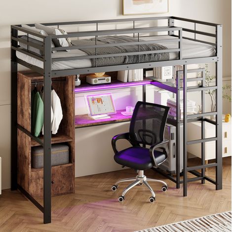 Lit mezzanine métal et MDF noir 90x200 cm avec bureau, rangements, tiroir, éclairage LED et garde-corps (1/5)