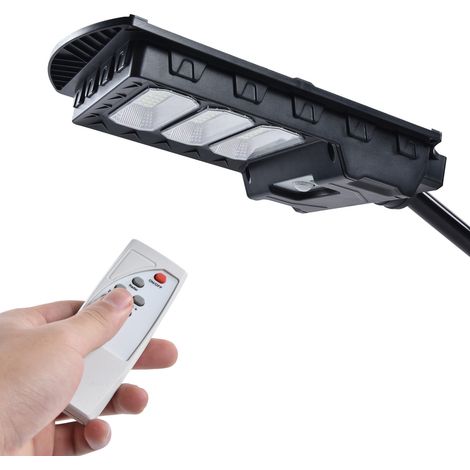 Lampadaire solaire 150LED 300W avec télécommande et minuterie, détecteur de mouvement IP65 étanche, éclairage extérieur pour jardin, cour, allée (batterie intégrée, télécommande sans pile, 3x50 perles (1/5)