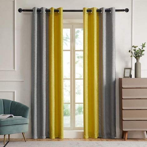 – Lot de 2 rideaux occultants 140x260 cm – Isolation thermique – Polyester lourd – Œillets 4 cm – Couleurs gris et jaune (1/5)