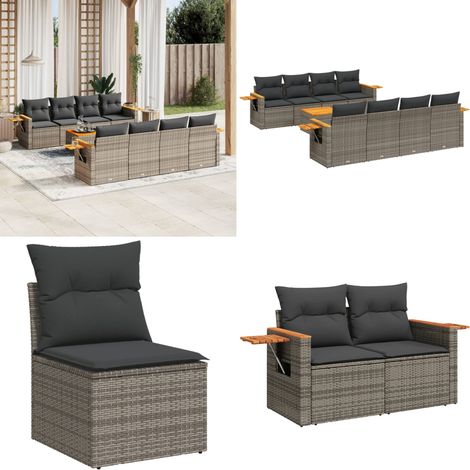 Salon de jardin 9 pcs avec coussins gris résine tressée - Ensemble Salon De Jardin - Meuble Extérieur - Jardin Design - Mobilier De Jardin - Chaise Longue - Home & Living (1/5)