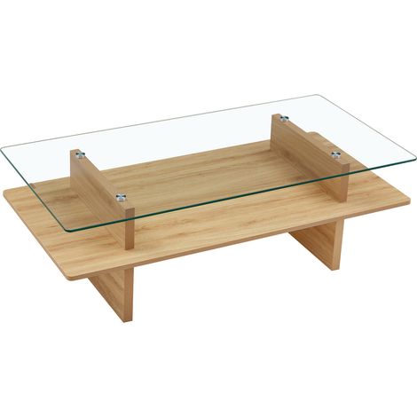 Table basse à deux niveaux en verre trempé et MDF, finition bois naturel, table basse moderne à double niveau avec cadre robuste pour salon et bureau (1/5)