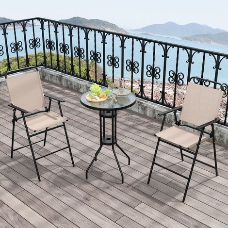 3PCS Salon de Jardin 2 Chaises de Jardin Pliantes Table Basse Ronde en Verre Trempé Bistro Terrasse Piscine Beige Maison Chic (1/4)