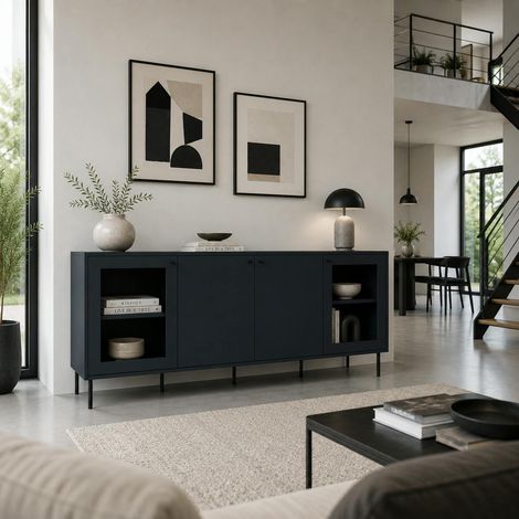 Buffet bas vitrine bleu sombre 4 portes RAVEN (1/5)