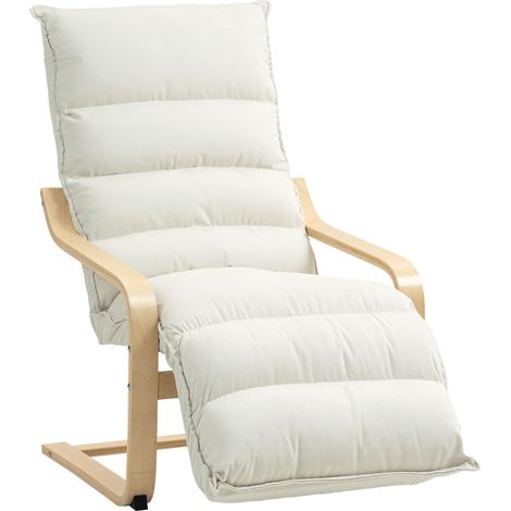 Fauteuil lounge avec repose-pieds réglable, revêtement en velours et structure en bois, 67 x 93 x 105 cm, couleur crème (1/5)