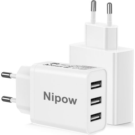Chargeur USB Multiple Lot de 2, 3 Ports Multiprise USB Prise Murale Multiple Chargeur Rapide 15W, Adaptateur Bloc Secteur USBA Charge Rapide pour 25 24 23, Air 17 16 15 14 13 12,iPad (1/5)