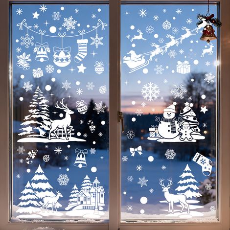 Film adhésif statique pour fenêtre avec flocons de neige blancs de Noël, scène d'hiver enneigée, sapin de Noël avec Père Noël, autocollant pour fenêtre avec maison enneigée et rennes.