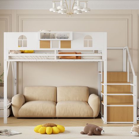 Lit surélevé 140x200 cm blanc avec cadre métal, échelle avec rangements et surfaces de stockage – lit multifonction (1/5)