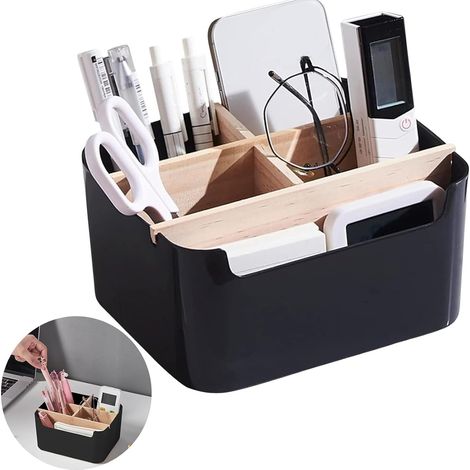 1 Organiseur de bureau, 5 compartiments, séparateur amovible, bois et PP, pour salon et chambre (1/5)