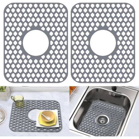 Protections d'évier en silicone pour cuisine et salle de bain, lot de 2, 34,5 cm x 29,5 cm, antidérapantes et durables, avec bonde centrale (gris) (1/5)