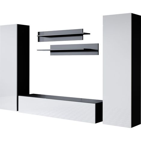 Ensemble de Meubles TV  Mur de Rangement  Meuble salon  Suspendu  Modèle Luke 7D  Noir et Blanc Finition brillante