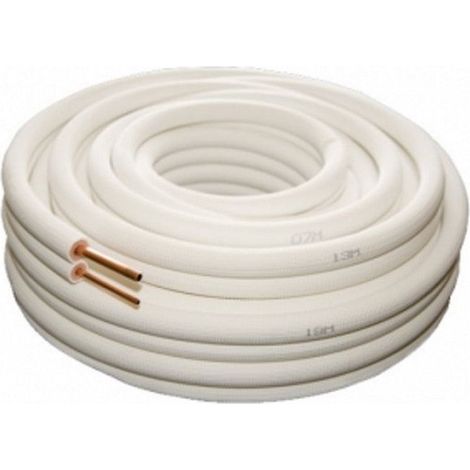 Liaison frigorifique cuivre bi-tube isolé 1/4 3/8 – Longueur 20 mètres – Épaisseur cuivre 0.8mm – Fiches réutilisables – Technosystemi