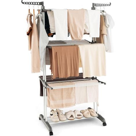 COSTWAY Tendedero Vertical de 4 Niveles, Tendedero de Torre Plegable con 4 Ruedas, Perchero con Alas Laterales Giratorias y Estantes Plegables para Uso en Interiores y Exteriores (1/5)