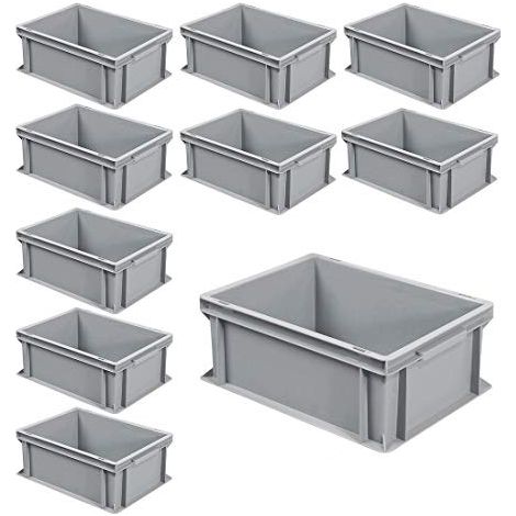 BRB Lot de 10 boîtes empilables Euro avec 2 poignées, L x l x H 400 x 300 x 170 mm, 16 l, gris