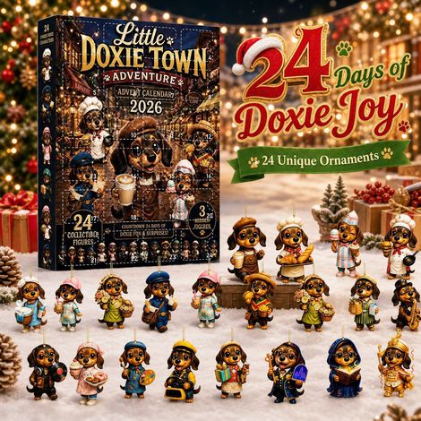 Adventskalender im europäischen Stadtstil mit Überraschungsbox und Dackeln – Weihnachtsgeschenkset mit Acryl-Anhängern in Form von Cartoon-Welpen (1/5)