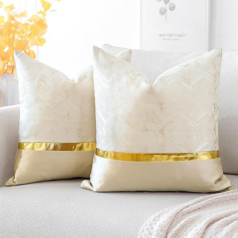 Lot de 2 Housses de Coussin pour lit, canapé, Voiture, décoration de Luxe Moderne Minimaliste en Cuir doré avec Coutures ondulées et Rayures (Beige, 60x60cm) (1/5)