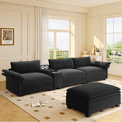 Canapé d’angle modulable 315x70x85 cm noir en chenille avec ottomane, charge sans fil, éclairage, haut-parleurs Bluetooth (1/5)