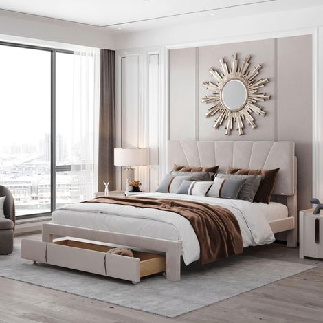 Lit avec tiroirs 140x200cm - Lit Double Rembourré avec Sommier à Lattes et Grand Tiroir de Rangement - Samt (Velours) - Beige
