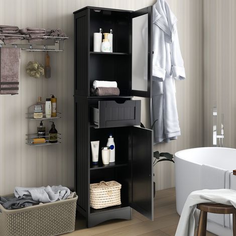 Grand meuble de rangement au sol avec 2 portes et 1 tiroir pour salle de bain - noir (1/5)