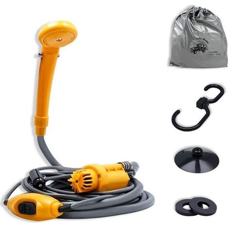 Douche de camping - AUFUN - Portable 12 V - Tuyau de 2 m - Câble de 5 m - Accessoires inclus