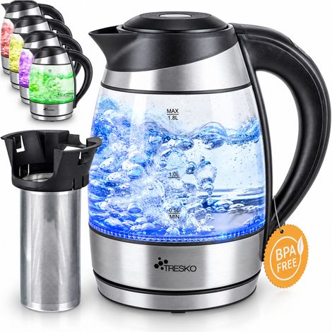 TRESKO Hervidor de Agua Eléctrico de Cristal 1,8L con Iluminación LED Incluye Filtro de Té & Antical Acero Inoxidable 2200W Temp. Regulable Desconexión Automática Libre de BPA
