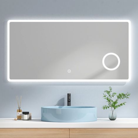 EMKE Espejo de Baño con luz, Espejo Baño LED con 3X Lupa, espejo de baño de gran tamaño, IP44 Ahorro de energía, 120 x 60 cm Luz blanca fría + Interruptor tactil