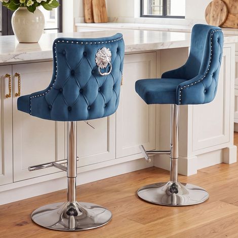 Wahson Set of 2 Velvet Bar Stools with Lion Knocker, Adjustable Height Swivel Counter Chairs with Backrest, Kitchen Island Stools for Home Bar, Pub & Dining Room, Blue (1/5)