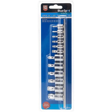 Bluespot 12pc Male Torx Bit Star Socket Set With Rail 1/4" 3/8" Drive T10 - T60 (1/4)