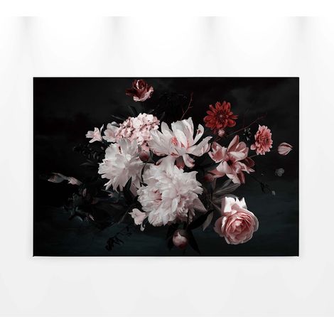 Tableau fleuri sur fond noir idéal pour chambre adulte | Tableau sur toile déco salon noir blanc & rose | Tableau style anglais couloirlais - 0,9 x 0,6 m (1/5)
