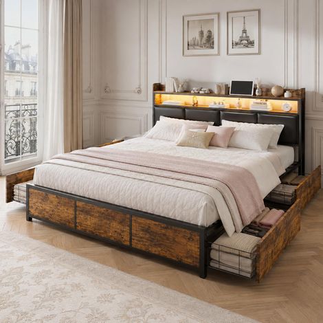 Letto matrimoniale 180x200 cm con 4 cassetti portaoggetti, testiera con LED RGB e vano portaoggetti, rete a doghe, Marrone (1/5)