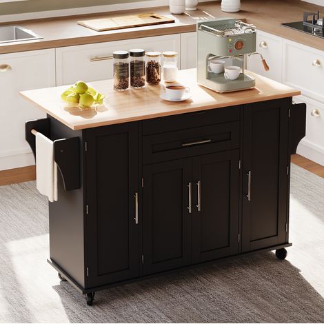 Isla de cocina 136/70/92 cm en negro y natural con encimera extensible, cajones y ruedas (1/5)