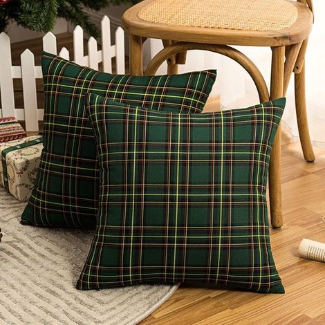 Housse de coussin décorative à carreaux de Noël (lot de 2), motif écossais, idéale pour les fêtes de fin d'année, verte, 45 x 45 cm. (1/5)